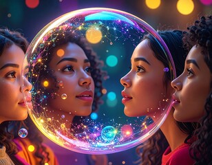 流動するデータ層を内包する透明な球体を見つめる多様な人たち