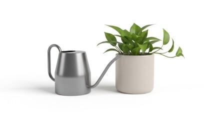 A modern watering can with a long spout is positioned next to a potted plant, both resting on a plain surface. The plant has lush green leaves, and the watering can has a sleek, metallic finish.