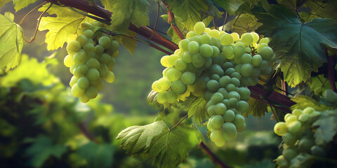 Obraz premium Sunlight filters through vibrant leaves, illuminating clusters of Pinot Grigio grapes on the vine Generative AI
