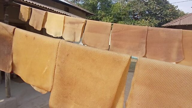 Natural rubber sheet is dried in Sun light at a villege  in Inadia.