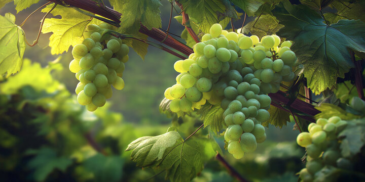 Sunlight filters through vibrant leaves, illuminating clusters of Pinot Grigio grapes on the vine Generative AI