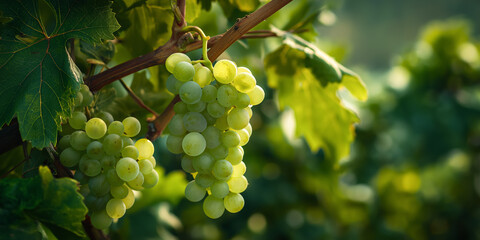 Obraz premium Bunches of ripe Pinot Grigio grapes thrive on the vine, soaking up the sun on a clear day Generative AI