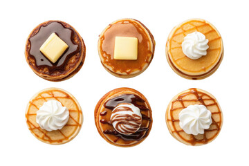 Six delicious pancakes with various toppings isolated on transparent background