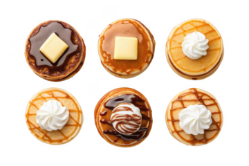 Six delicious pancakes with various toppings isolated on transparent background