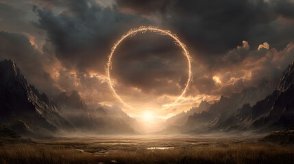 Fantasy mythic realm background with ancient atmospheric core style and centered empty copy space