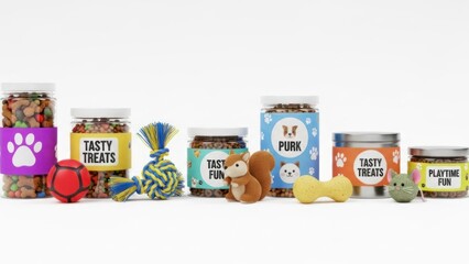 Obraz premium A collection of pet treats and toys displayed on a white background.