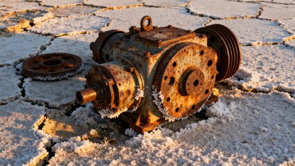 Rusty industrial motor lying on cracked salt flats under sunlight