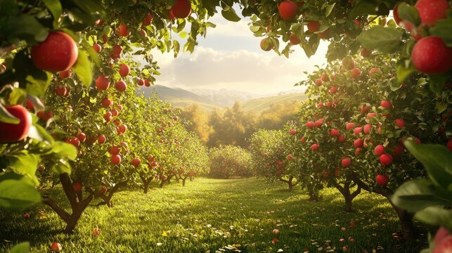 Lush Apple Orchard Nestled in Idyllic Rolling Countryside Landscape