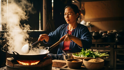 Dedicated chef masterfully stir-frying fresh ingredients in a steaming wok over a vibrant open fire, capturing the essence of authentic culinary traditions