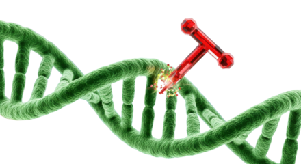 ultra-macro 3d visualization of a phosphorescent green dna helix precisely cleaved by a red crispr enzyme, dramatic cinematic lighting, blue bokeh depth. concept of genetic modification