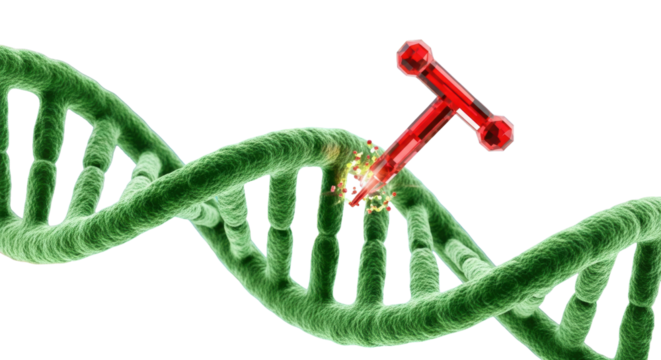 ultra-macro 3d visualization of a phosphorescent green dna helix precisely cleaved by a red crispr enzyme, dramatic cinematic lighting, blue bokeh depth. concept of genetic modification - Powered by Adobe