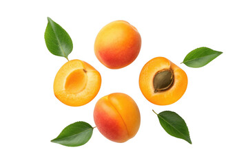 Fresh apricots and leaves isolated on transparent background