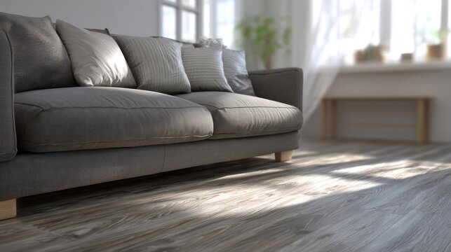 Minimalist living room ash grey sofa whitewashed pine flooring scattered top-down ambient sunlight neutral natural grading dynamic light-texture