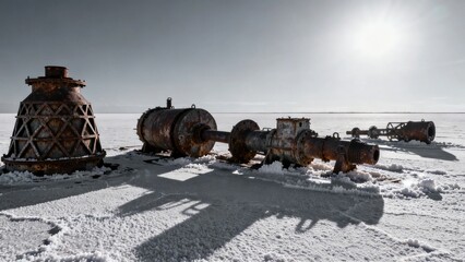 Rusty industrial machinery abandoned on a snow-covered landscape under bright sunlight