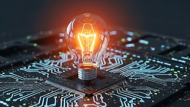 A macro view of a green electronic computer motherboard featuring a digital processor chip and semiconductor hardware components designed for high-tech engineering and data industry equipment - Powered by Adobe