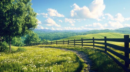 Peaceful Countryside with Rolling Hills and Wooden Fence Landscape