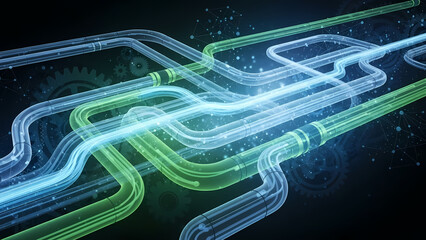 A futuristic digital wallpaper featuring an abstract blue technology background with flowing energy waves and circuit pattern lines on a dark space backdrop