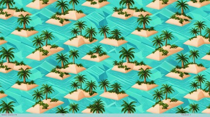Seamless Tropical Island Pattern with Palm Trees &ndash; Surreal Ocean Vacation Background