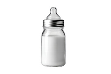 Obraz premium A glass bottle of milk is sitting on a white background. The bottle is clear and has a lid, png