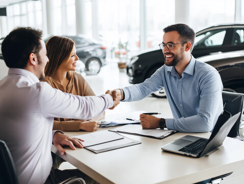 A joyful customer shakes hands with a friendly salesperson after finalizing a purchase Generative AI