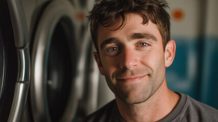 Bright and welcoming atmosphere as a man smiles in a laundromat, showcasing everyday life moments Generative AI