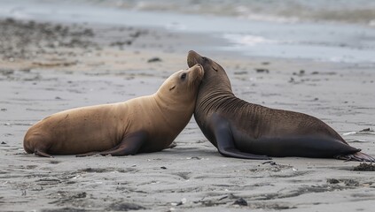 Fototapeta premium Pair of sea lions relaxing on shore with sandy background representing ocean wildlife