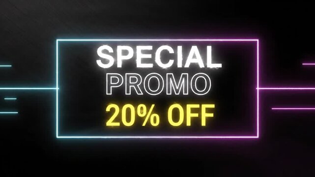 Special Promo Offer Neon Sign with 20 Percent Off Discount on a Dark Background