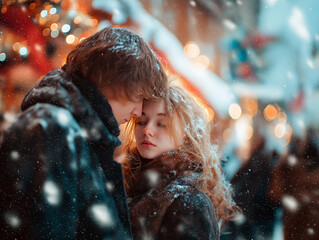 Naklejka premium Two lovers share a quiet moment amidst a snowy backdrop, evoking warmth and tenderness in winter Generative AI