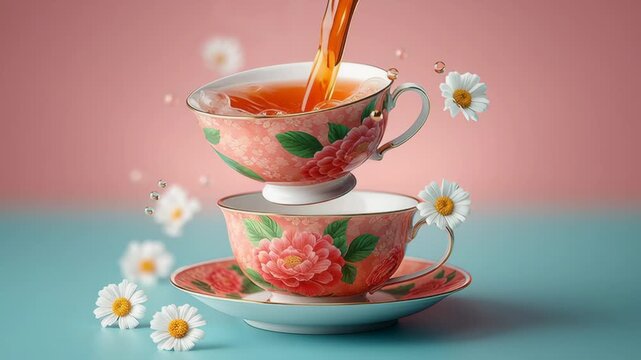 Flowing tea being poured into stacked floral teacups with delicate daisies surrounding the scene, showcasing the vibrant colors and intricate designs of the porcelain cups in a visually appealing arra