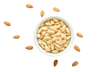 Bowl of blanched almonds isolated on transparent background