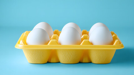 Eggs on a yellow tray on a blue background