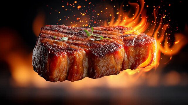 Grilled steak sizzling over flames with vibrant colors and textures, showcasing the juicy surface and charred grill marks, garnished with herbs for an appetizing presentation in culinary photography