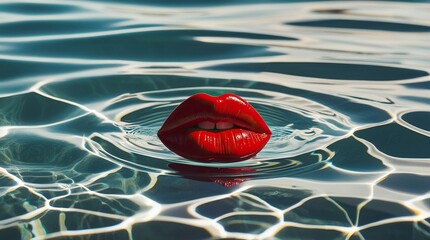Surreal Red Lips Floating on Water &ndash; Glossy Beauty Concept Art Background