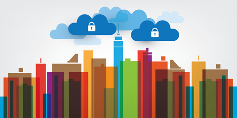 Colorful Smart City, Secure Cloud Computing Design Concept with  Cityscape, Tall Buildings, Skyscrapers  -  Technology, Data Protection, Cybersecurity and Digital Network Infrastructure