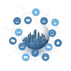 Futuristic Smart City, IoT and Cloud Computing Design with Icons Representing Network Nodes, Devices and Services - Tall Buildings Inside a Glass Globe - Digital Network Connections Concept
