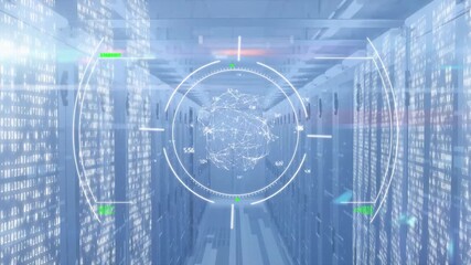 Animation of digital interface over server room - Powered by Adobe
