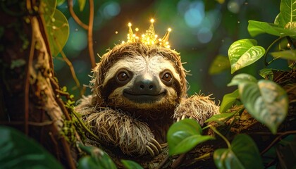 Fototapeta premium A regal sloth wearing a golden crown amidst lush jungle foliage.