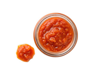 Jar of tomato salsa with a single tomato isolated on transparent background