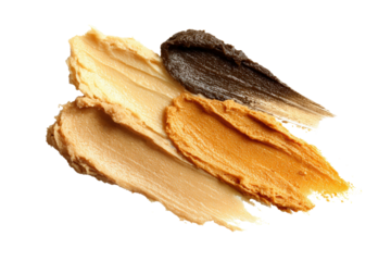 A close up of four different colored lipsticks. The lipsticks are yellow, brown, and black, png