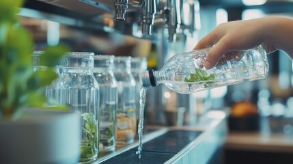 Reusable Bottle Being Filled at Public Eco Friendly Refill Station in Sustainable City Setting