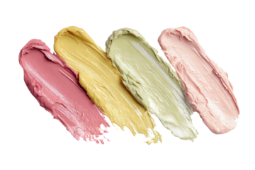 A row of colorful makeup brushes are shown on a white background. The colors are pink, yellow, green, and purple. Concept of creativity and fun, png