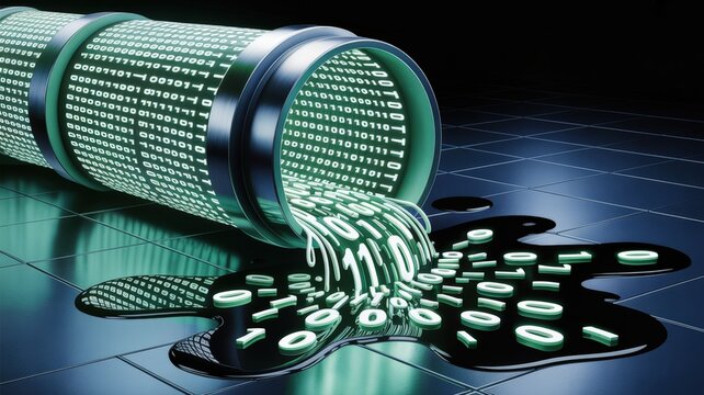 Digital data flowing like liquid from a futuristic pipe, representing data transfer and technology concepts.