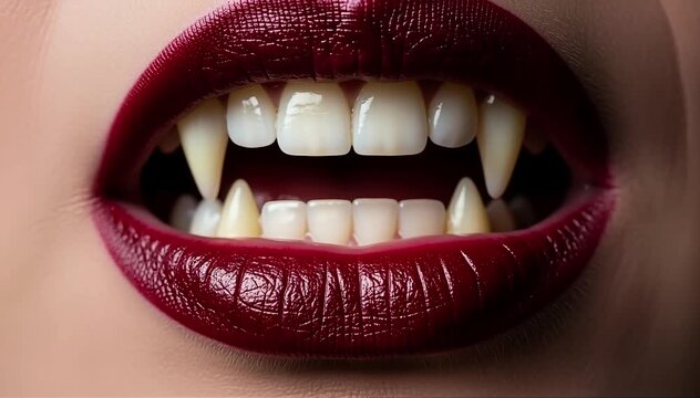 Close-up of vampire woman's mouth with fangs and red lipstick