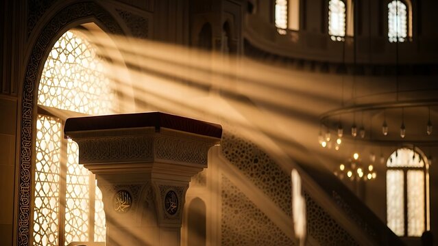 Warm Sunlight Illuminating an Ornate Islamic Pulpit with Calligraphy in a Grand Mosque Interior
