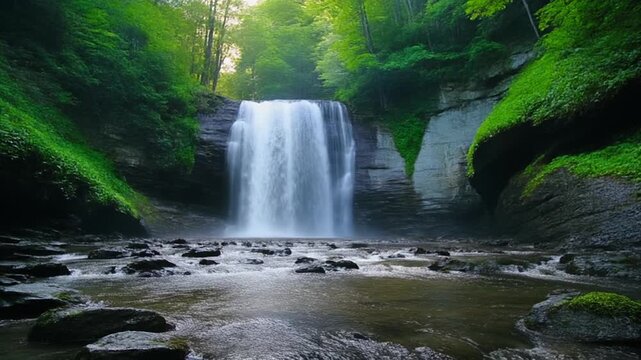 A serene waterfall cascades down a rocky slope surrounded by lush greenery in a forest, with sunlight filtering through trees in the background, ideal for nature or travel advertising