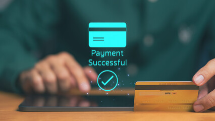 Online payment with credit card on mobile tablet. Successful digital transaction for e-commerce, banking, and money technology transfer concept.