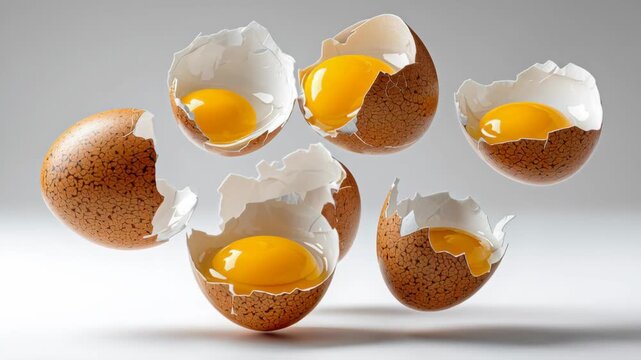 Floating cracked eggshells with bright yellow yolks emerging from inside, showcasing a dynamic sequence of egg breaking and revealing contents in a visually striking arrangement