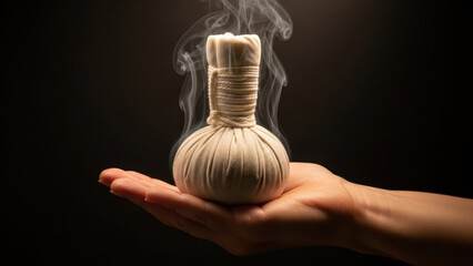 Close-up of a steaming herbal pouch delicately resting in an open hand against a dark background, highlighting the soothing aroma and traditional wellness practice