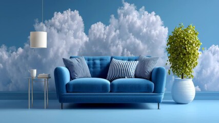 Cozy blue sofa with striped cushions positioned against a vibrant cloud mural, accompanied by a stylish lamp and decorative plant, creating a serene indoor atmosphere for relaxation and comfort