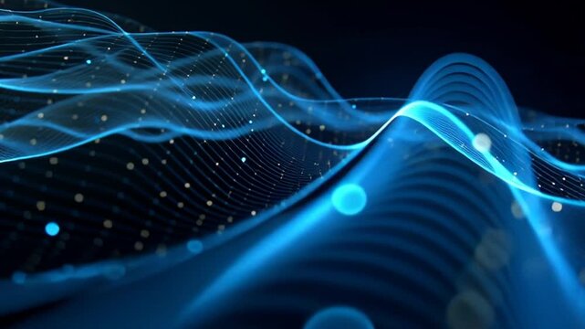 Abstract blue digital wave pattern with glowing particles and mesh grid.